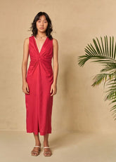 A Model Wearing Red Organic Cotton Sundown fitted lyocell dress, curated by Only Ethikal